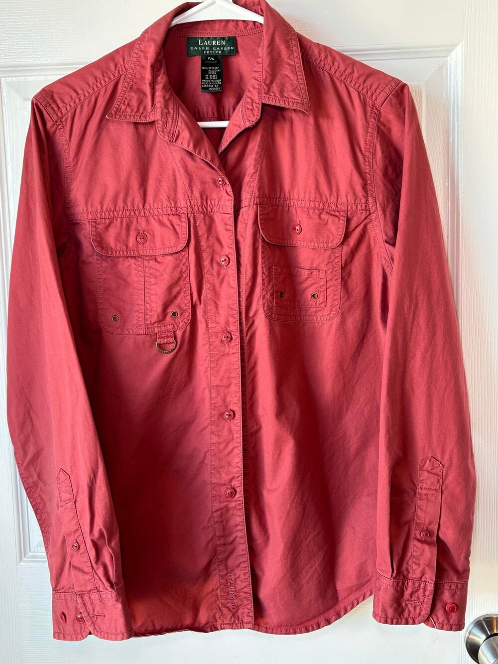 Lauren Ralph Lauren Petite Large Coral Utility Safari Button Up 100% Cotton